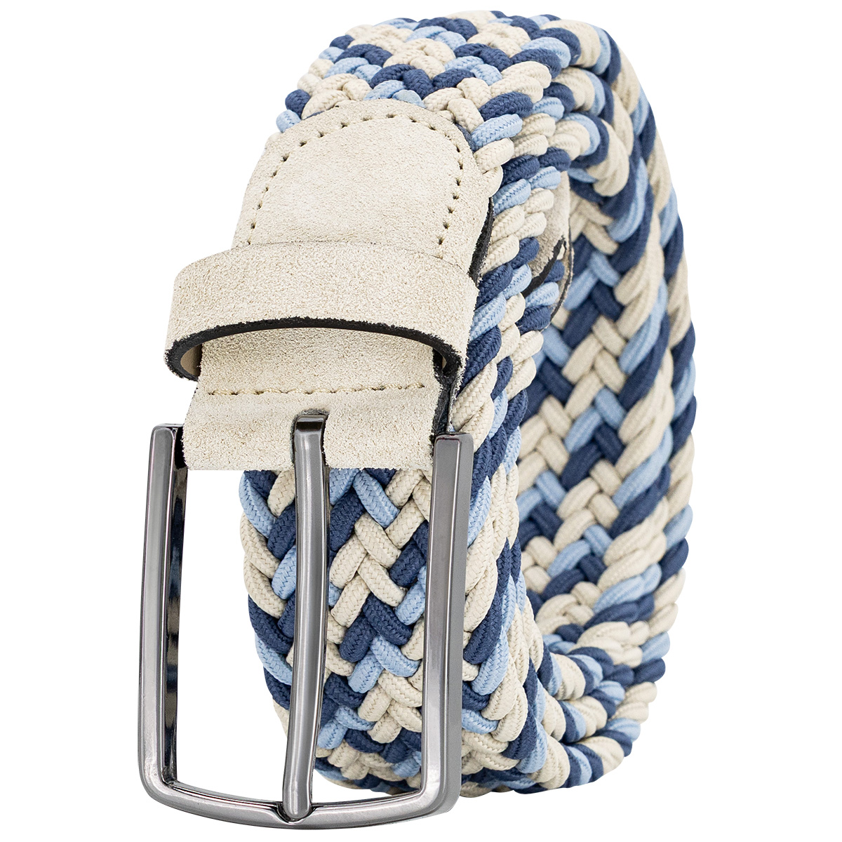 CEE Gürtel, gewebter Gürtel, blau-beige, Stoffgürtel, Metall Schnalle, LINDENMANN Herren Flechtgürtel mit Echtleder an den Enden mehrfarbig: jeansblau, marine, taupe