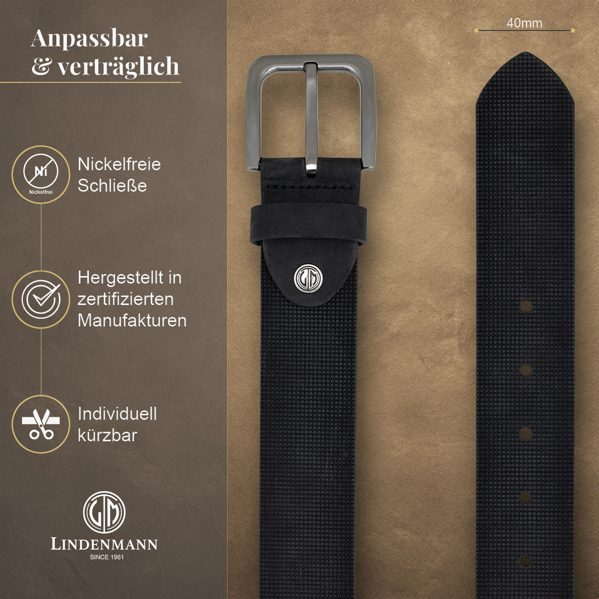 LINDENMANN Vollrindledergürtel Herren Tiefschwarz