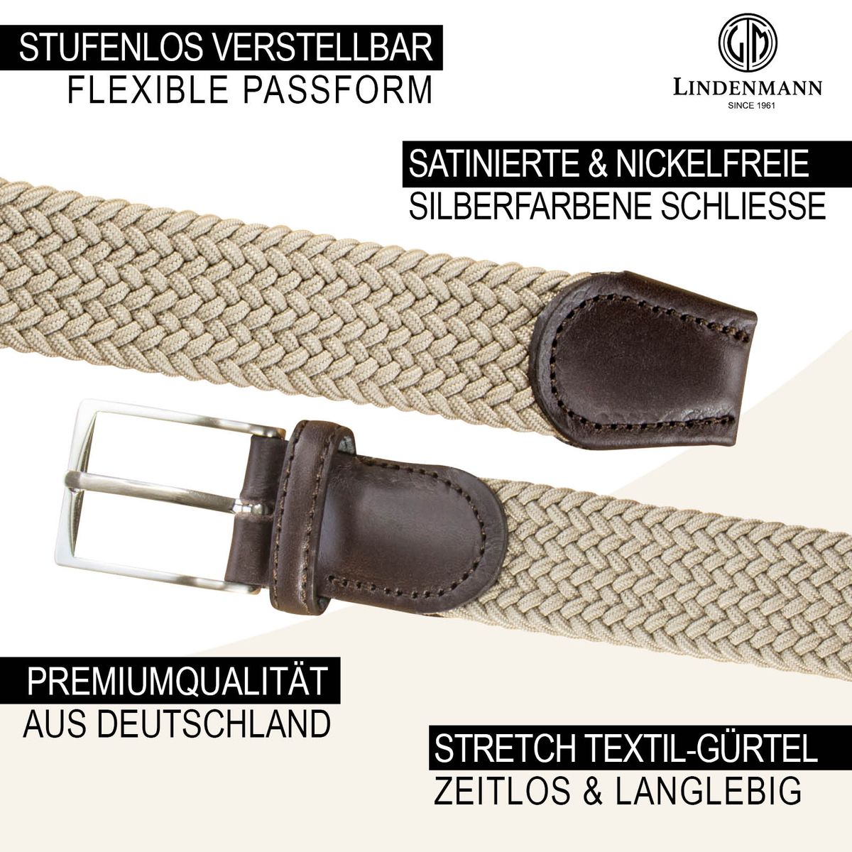 LINDENMANN Textil-Flechtgürtel Herren 35 mm beige