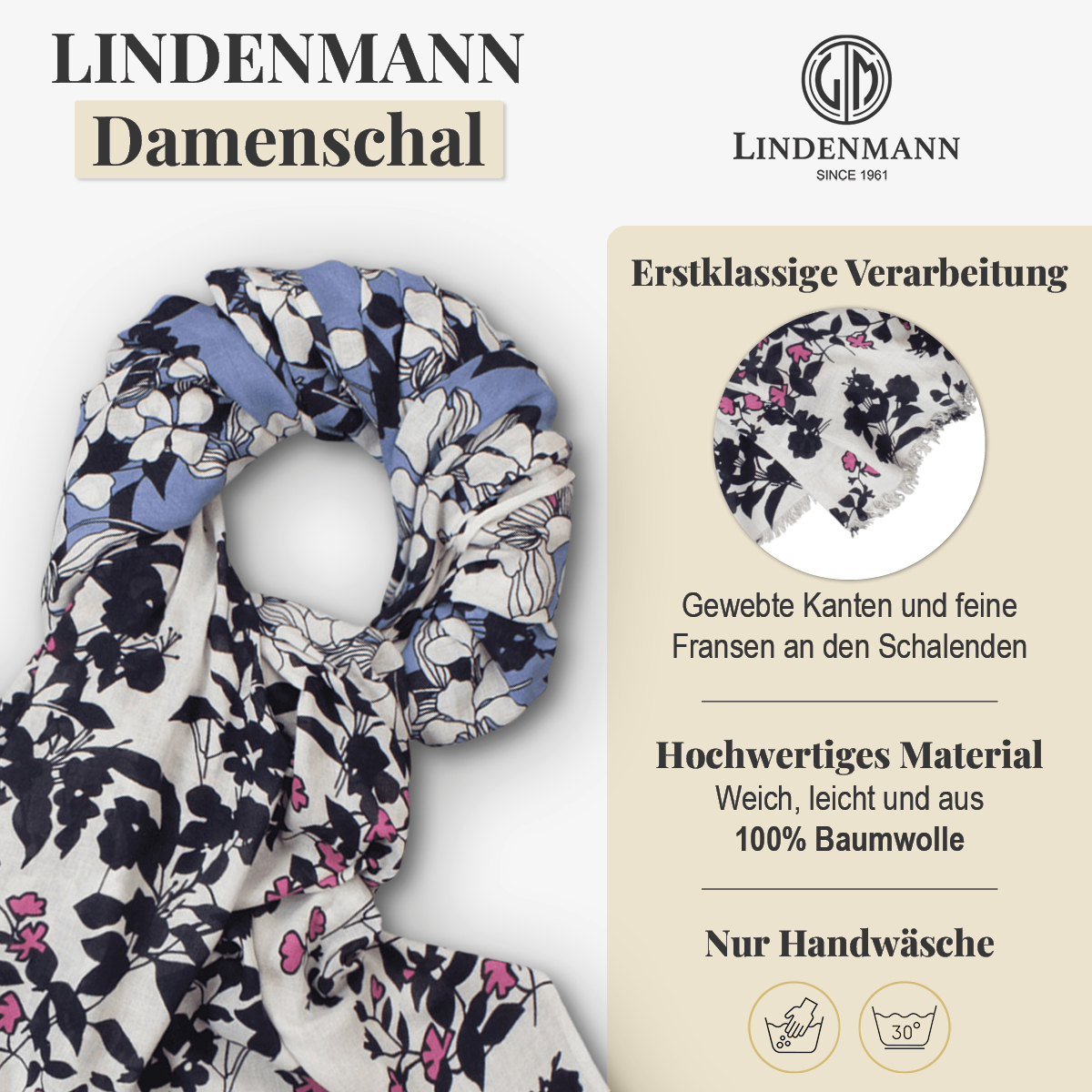 LINDENMANN Schal Damen weiss schwarz blau mit Blumenmuster