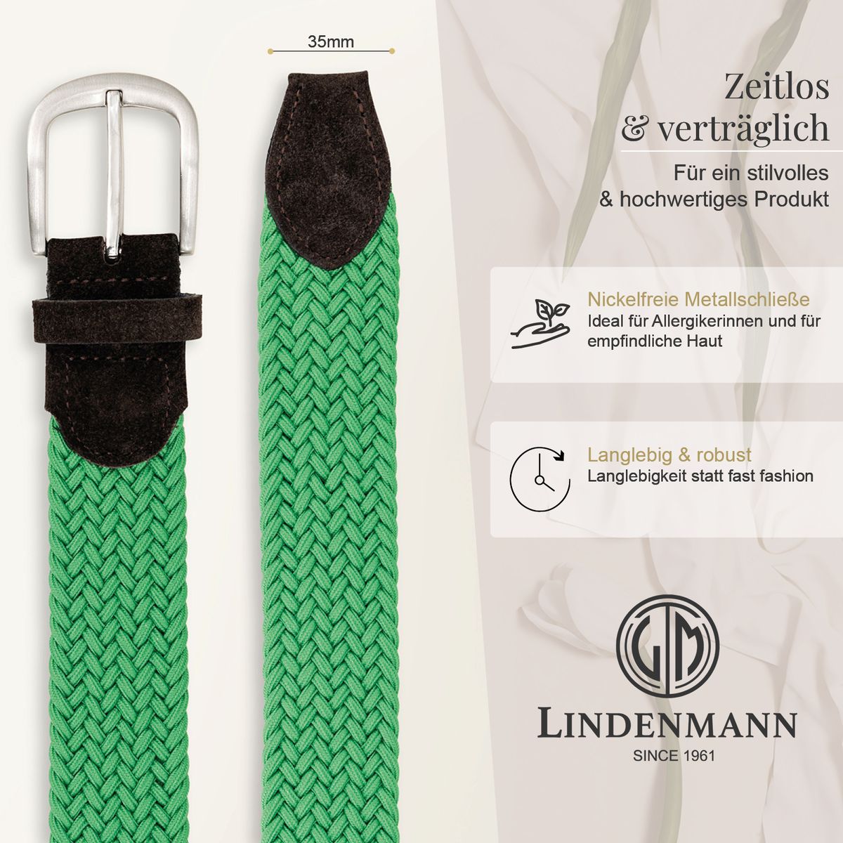 Gurtband, Grün, Braun, Metallschnalle, Lanyard, LINDENMANN Damen Flechtgürtel mit 100% echtem Rindleder an den Enden grün