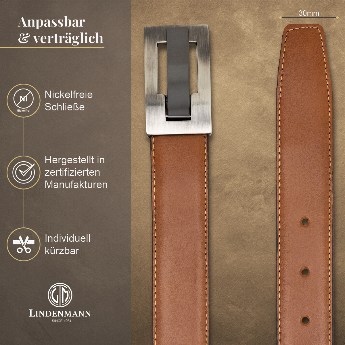 LINDENMANN Herrengürtel aus 100% Vollrindleder mit Koppelschließe cognac