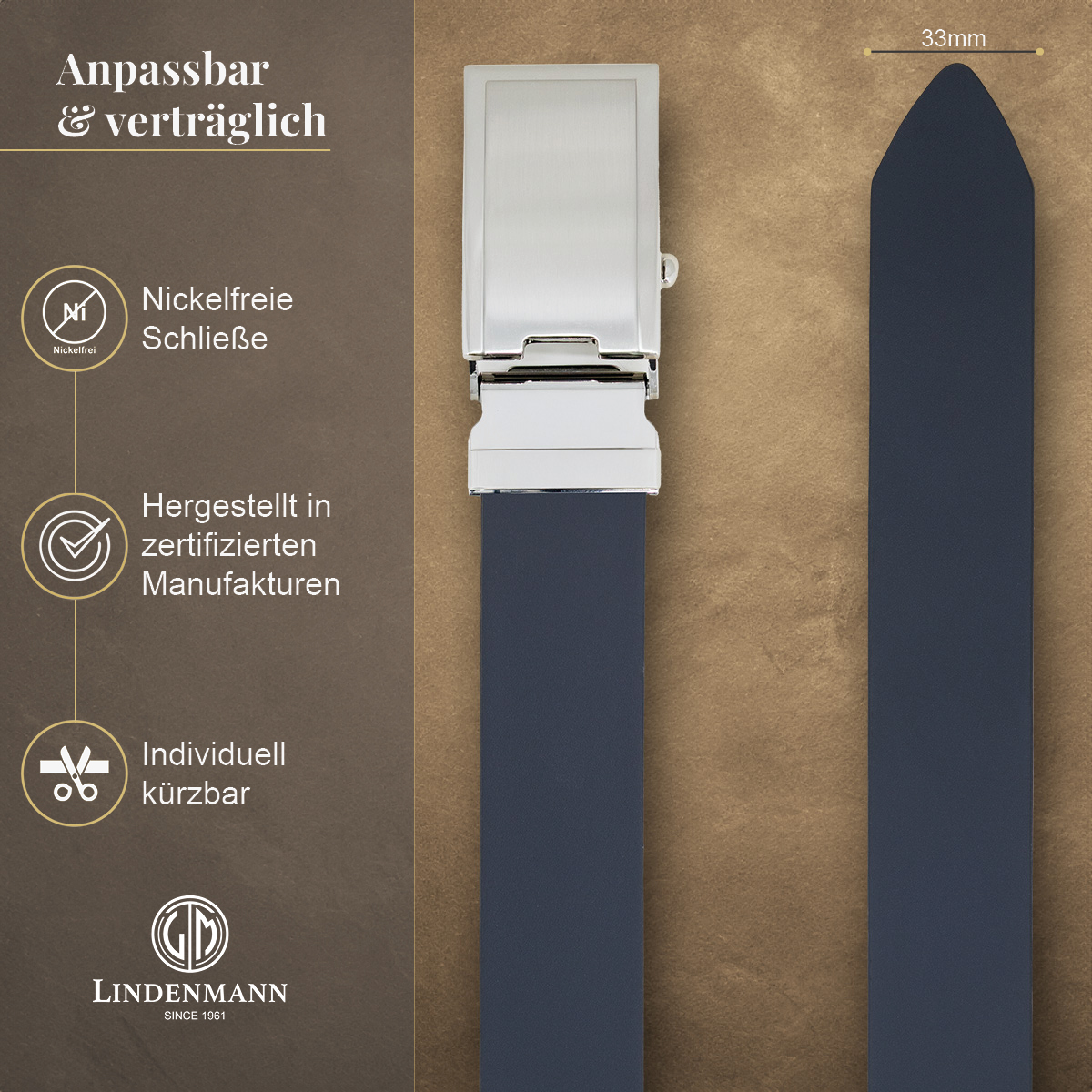LINDENMANN eleganter Anzugautomatikgürtel für Herren aus 100% Vollrindleder in marine passend zu elegantem Stil