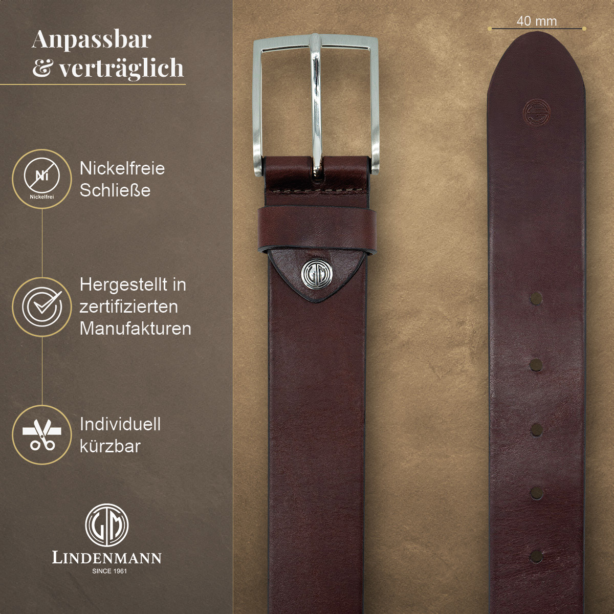 LINDENMANN Vollrindleder Herrengürtel Schokoladenbraun