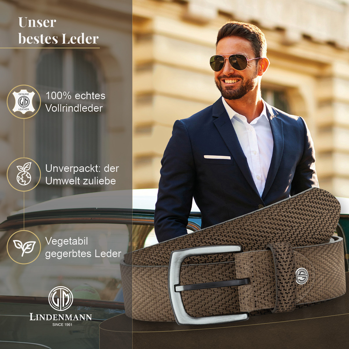 LINDENMANN Vollrindledergürtel Herren Taupe