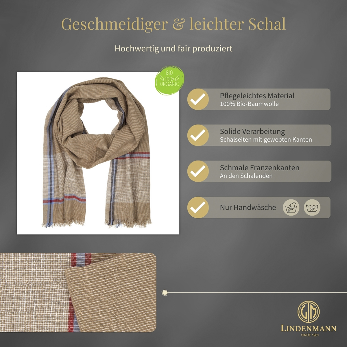 Herren Schal beige 100% BIO-Baumwolle