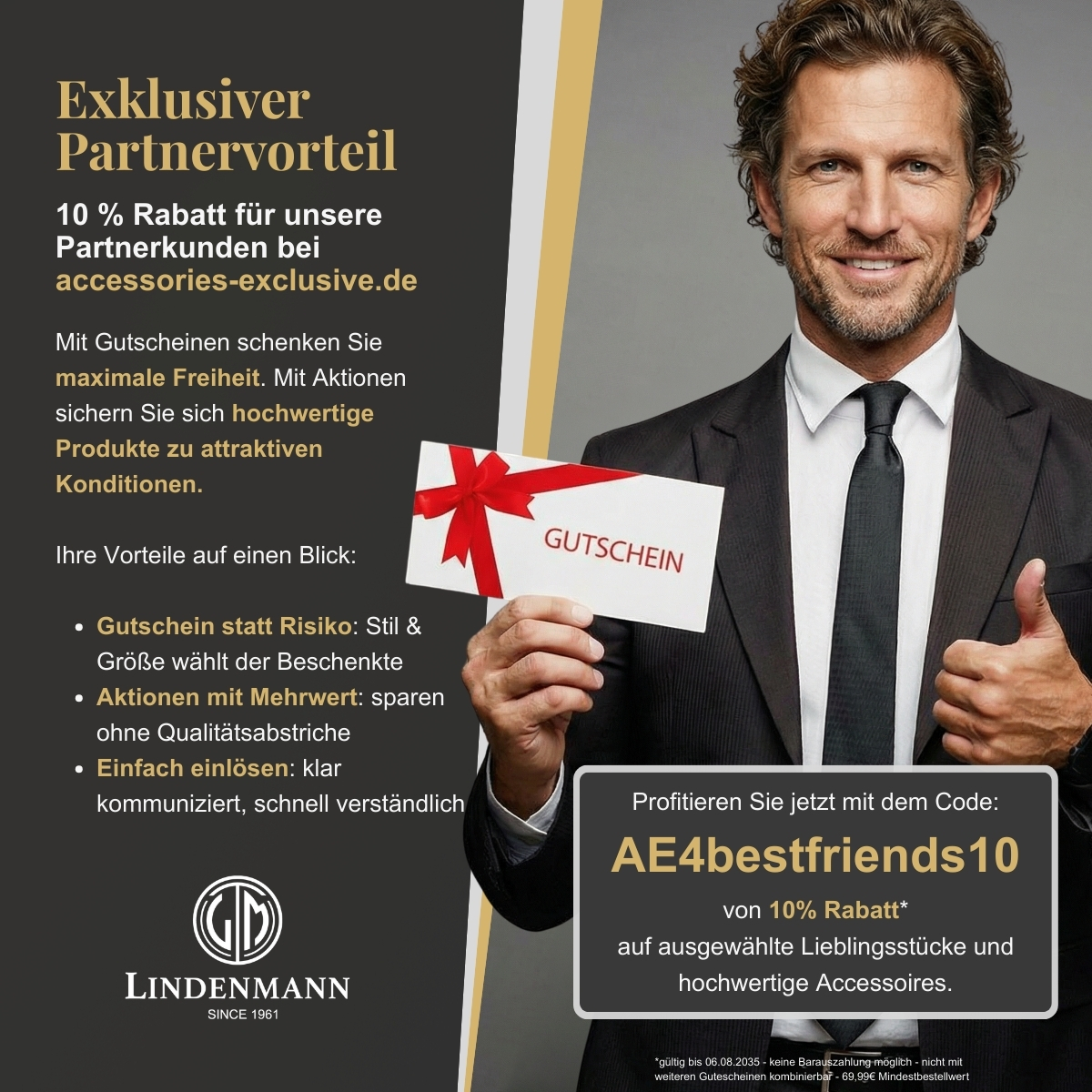 gutschein, rabatt, accessoires, anzeige, promo, Freunde Gutschein von Accessories Exclusive – 10 Prozent Rabatt auf hochwertige Herrenaccessoires wie Ledergürtel als Geschenk