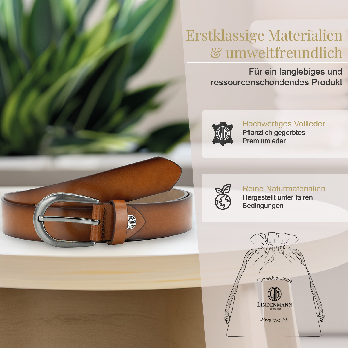 LINDENMANN Rindsleder Damengürtel Cognac