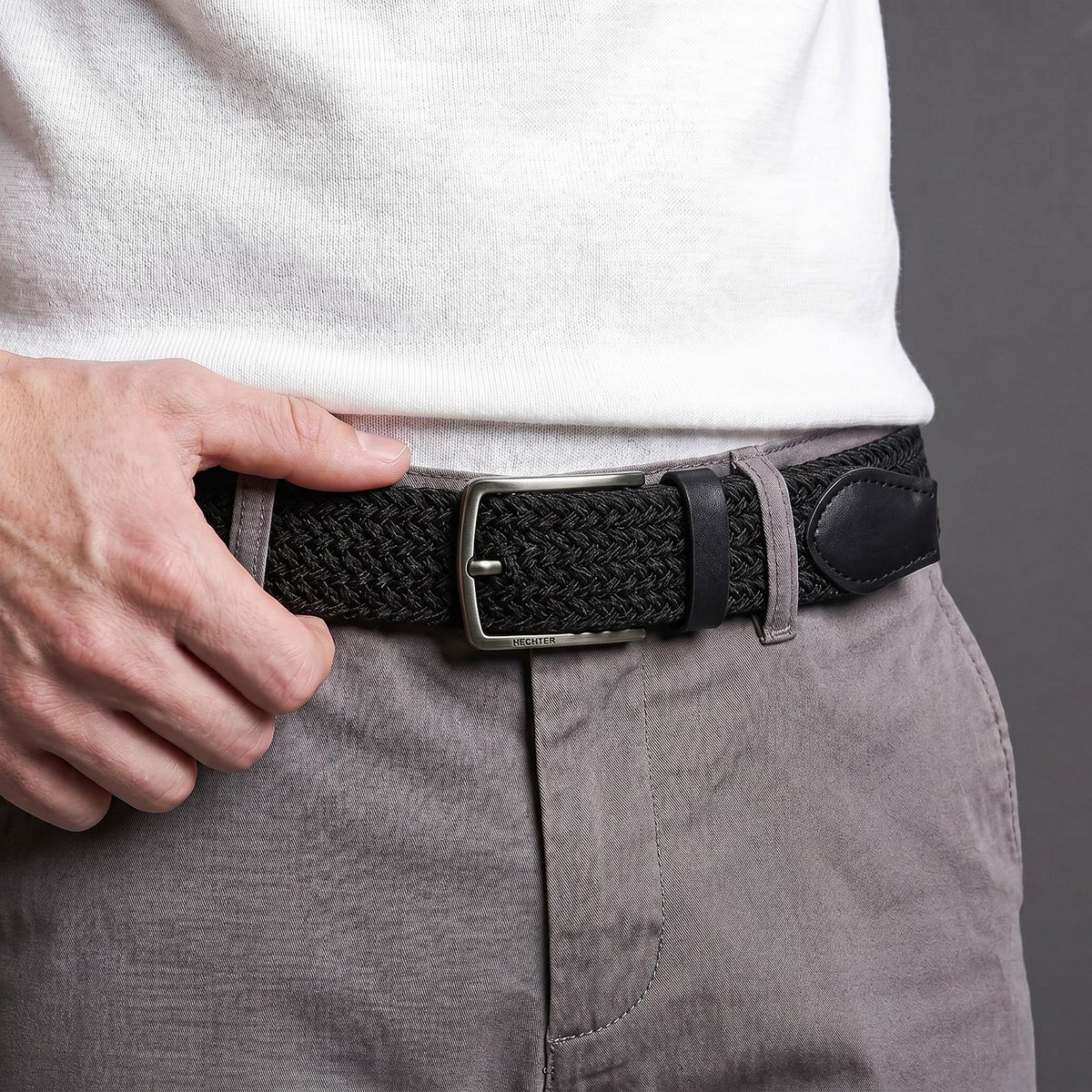 Gürtel, Leder, Schwarz, Gewebt, Koppierung, HECHTER Paris Herren Textil-Flechtgürtel mit 100% Echtlederenden schwarz