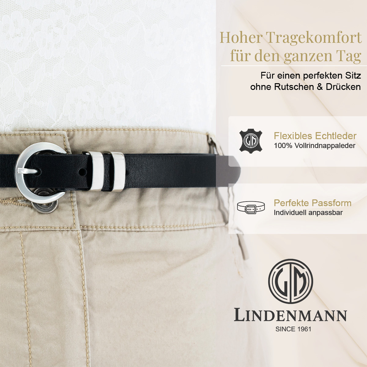 LINDENMANN Nappa Vollrindleder Damengürtel Tiefschwarz