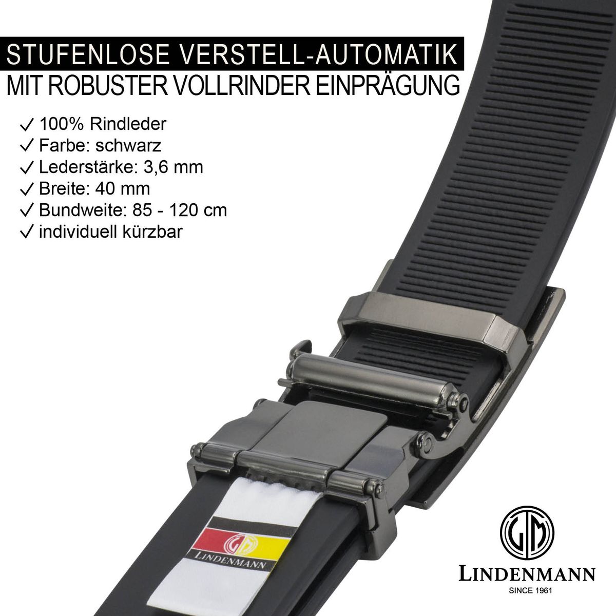 LINDENMANN Leder-Gürtel Herren Automatik 40 mm Rindleder schwarz