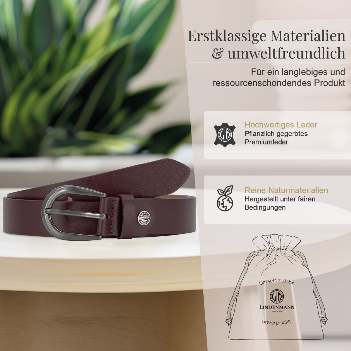LINDENMANN Klassischer Damengürtel aus 100% Echtleder bordeaux