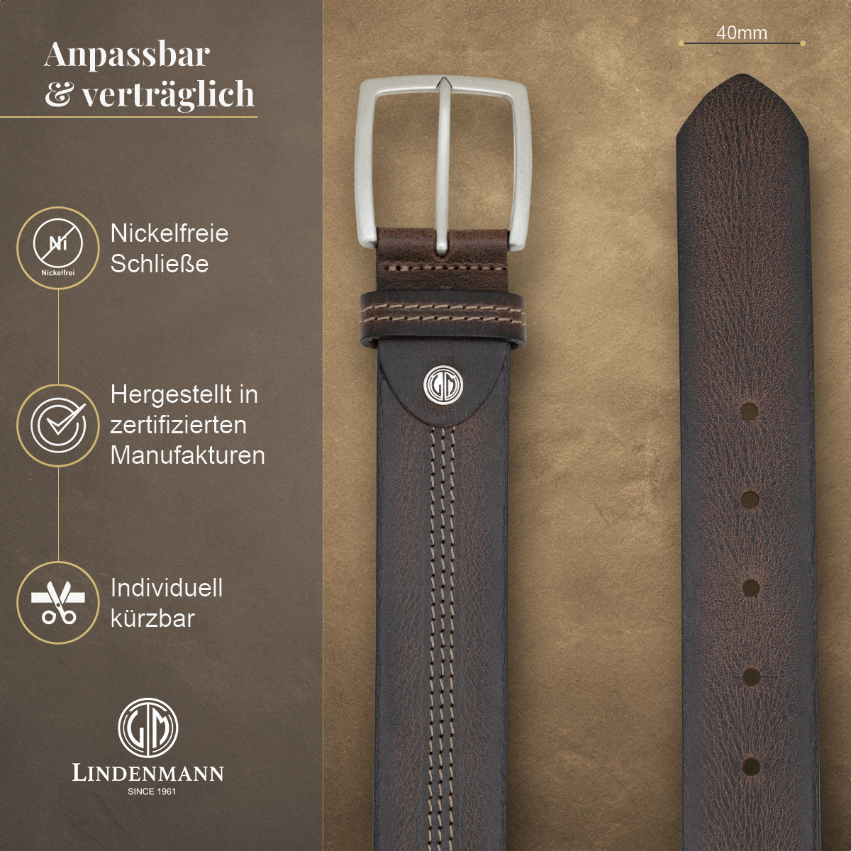 LINDENMANN Vollrindledergürtel Herren Schokoladenbraun