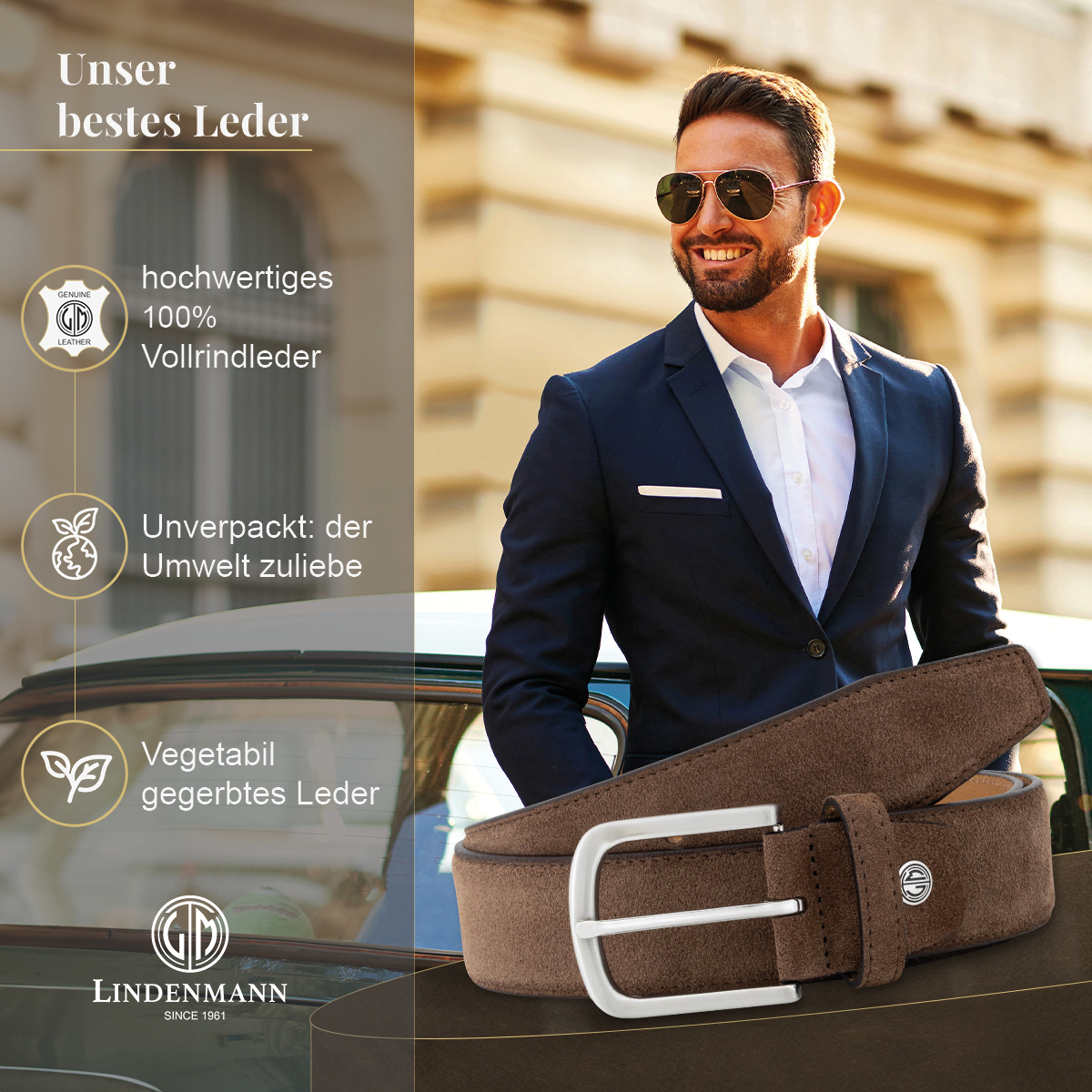 LINDENMANN Herrengürtel aus 100% Velours-Vollrindleder dunkelbraun