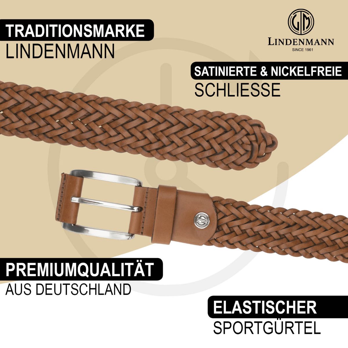 LINDENMANN Gürtel Herren geflochten 35 mm cognac