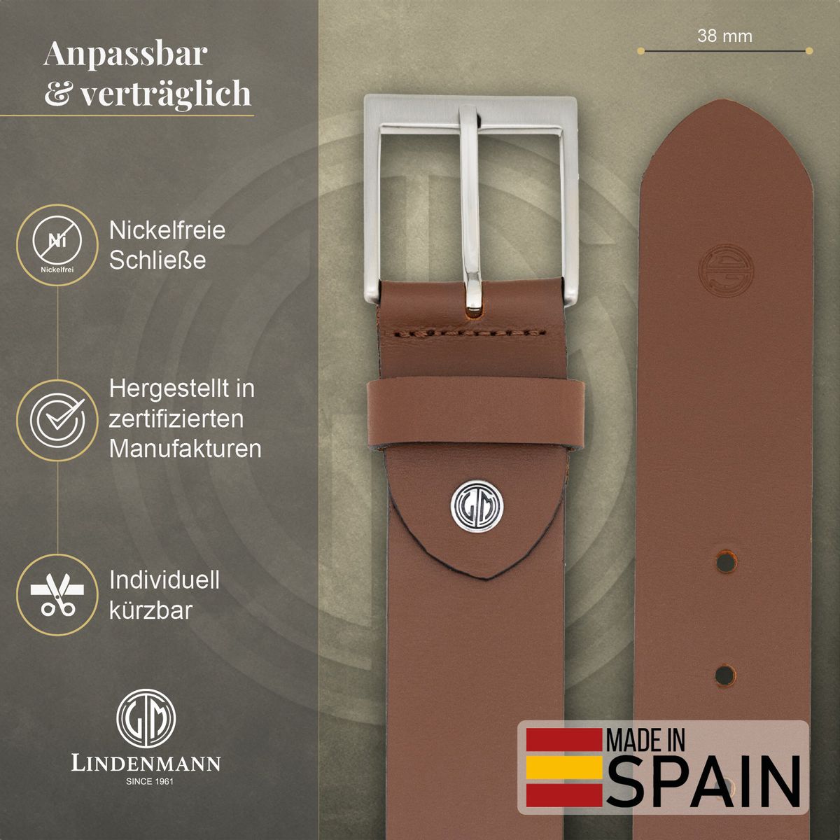 LINDENMANN Herren Jeansgürtel Echtleder cognac