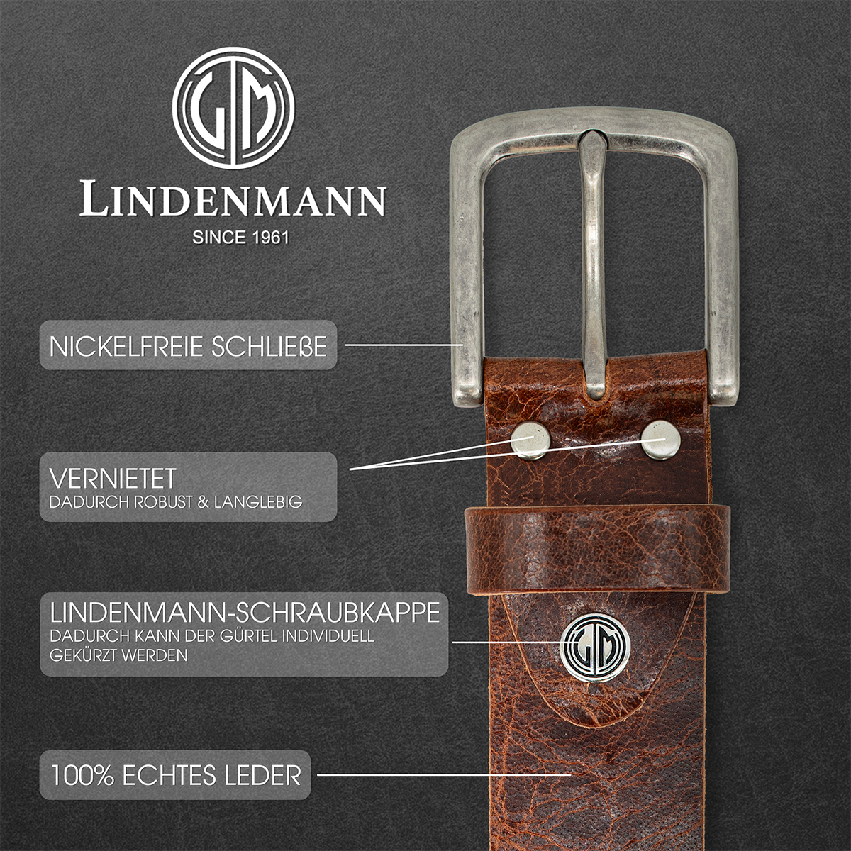 LINDENMANN Ledergürtel Herren cognac