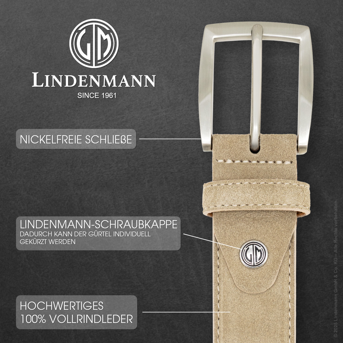 LINDENMANN Herrengürtel Veloursleder creme-beige