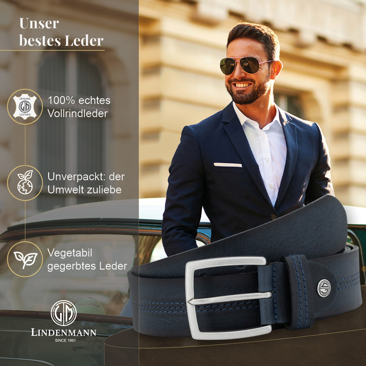 LINDENMANN Vollrindledergürtel Herren Marine