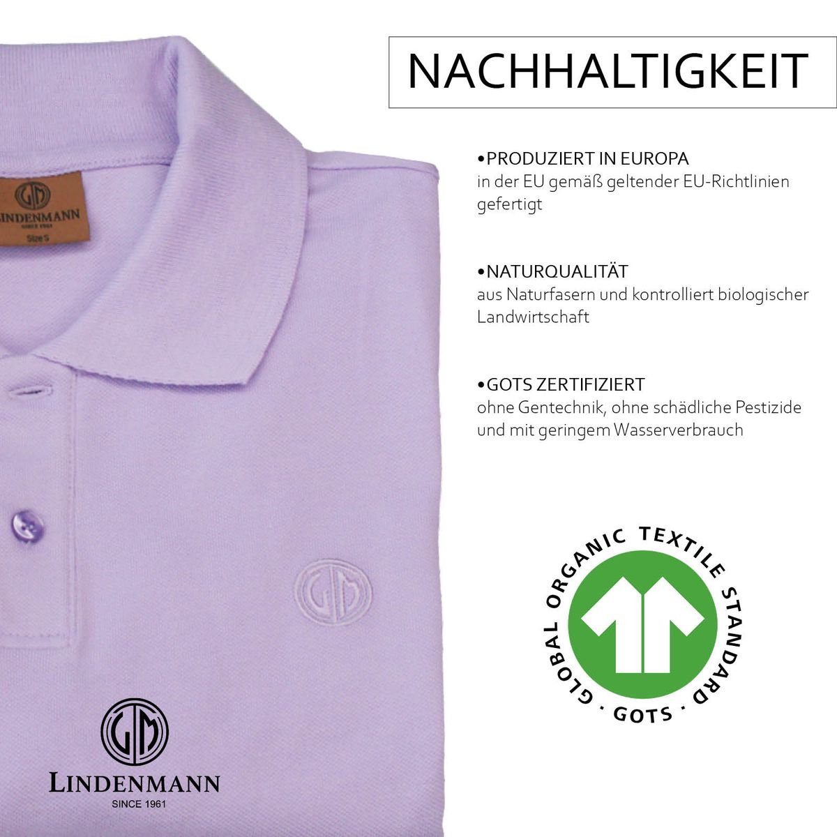 LINDENMANN Poloshirt Herren slim fit kurzarm flieder Bio Baumwolle Made in EU