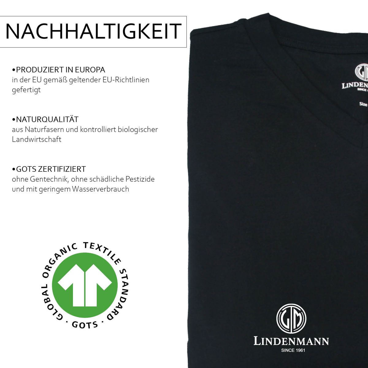 LINDENMANN T-Shirt Herren slim fit kurzarm schwarz V-Ausschnitt Bio Baumwolle Made in EU