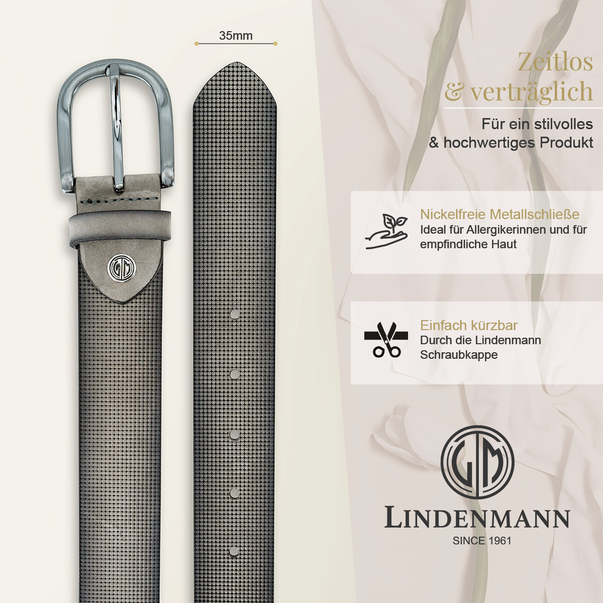 LINDENMANN Vollrindsleder Damengürtel Urbanes Grau