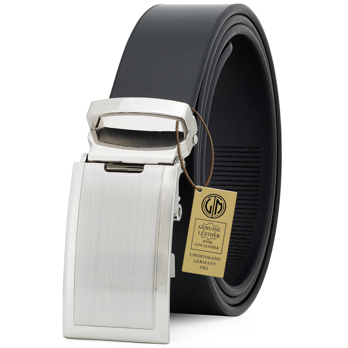 LINDENMANN eleganter Anzugautomatikgürtel für Herren aus 100% Vollrindleder in schwarz passend zu elegantem Stil