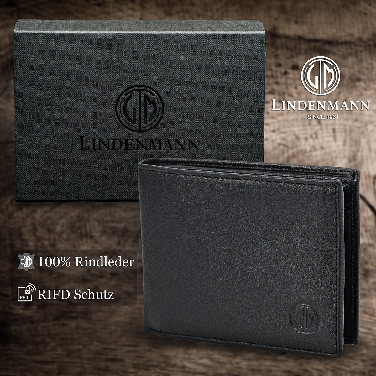 LINDENMANN Herren Leder Portemonnaie schwarz