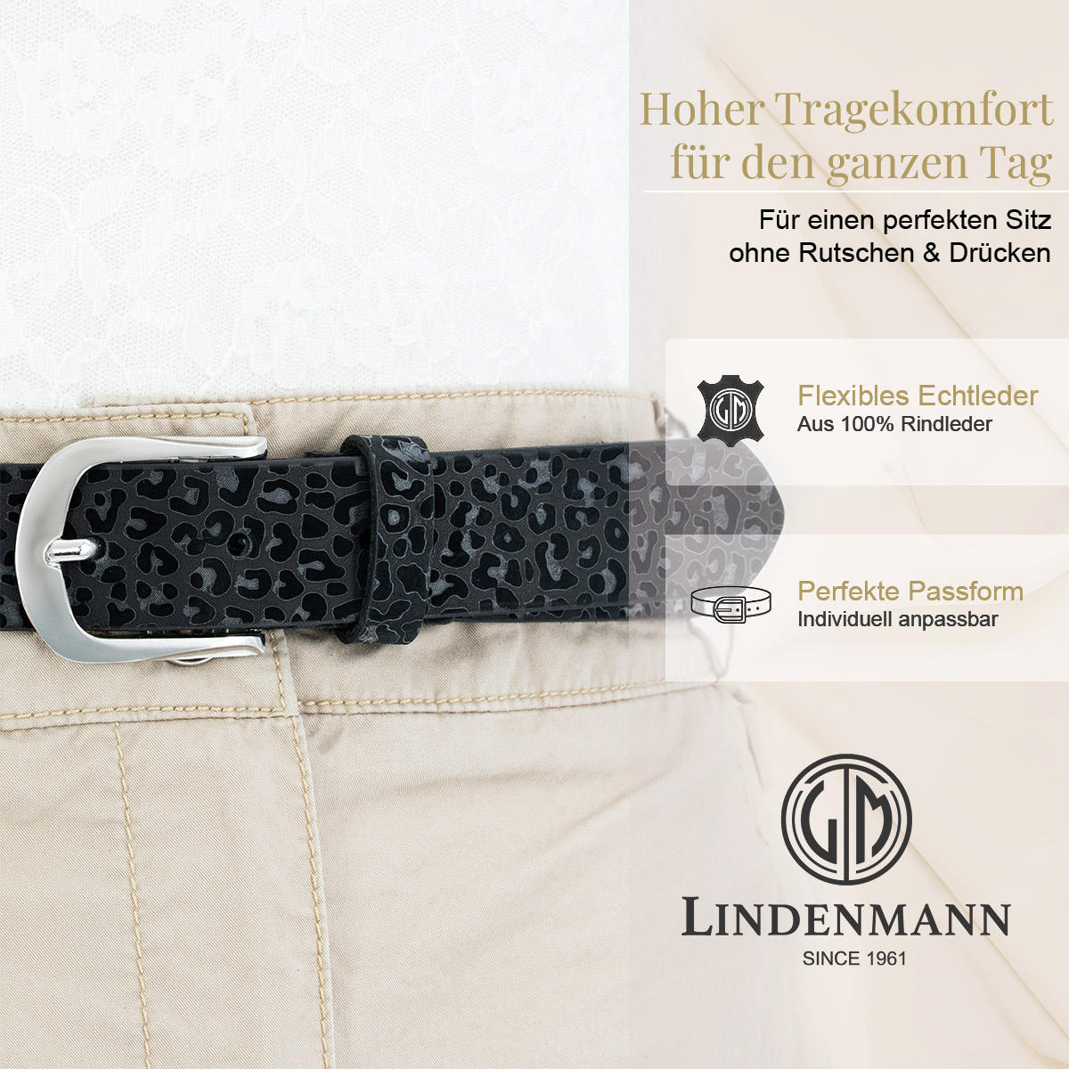 LINDENMANN Rindleder Damengürtel Schwarz mit Leopardmuster