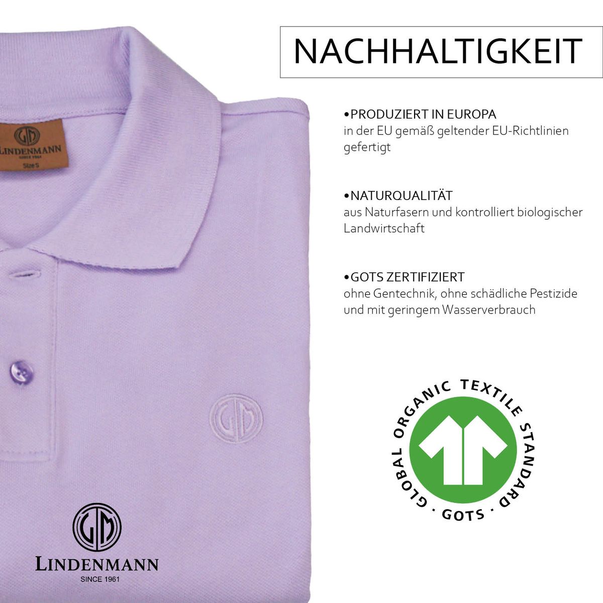 LINDENMANN Poloshirt Herren kurzarm flieder Bio Baumwolle Made in EU