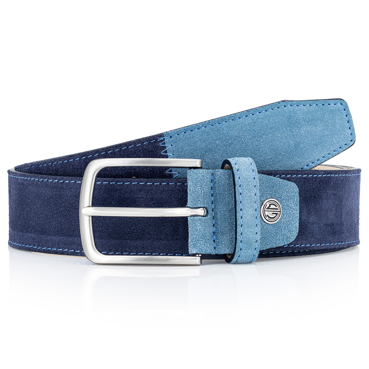 Gürtel, Leder, Streifen-Design, Drei-Töne, Metall-Schnalle, LINDENMANN Premium Handmade Veloursrindledergürtel Herren marine