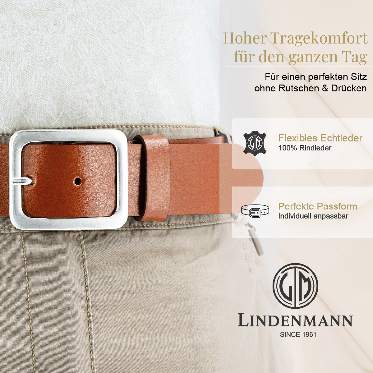 LINDENMANN Rindleder Damengürtel Cognac