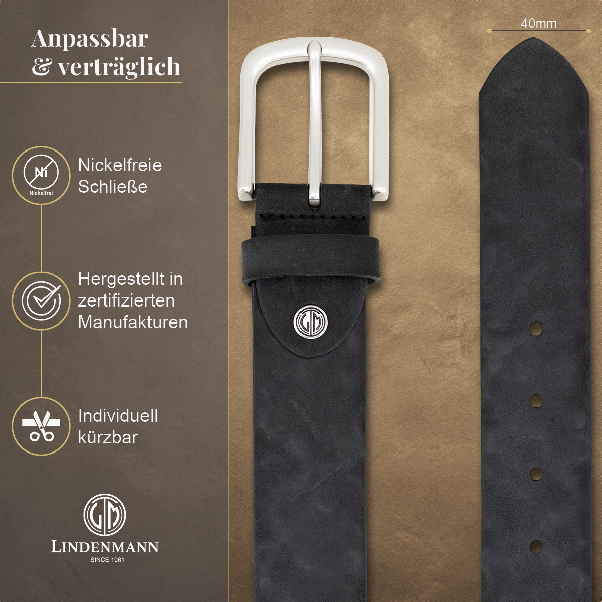 LINDENMANN Herrengürtel aus 100% Vollrindleder schwarz