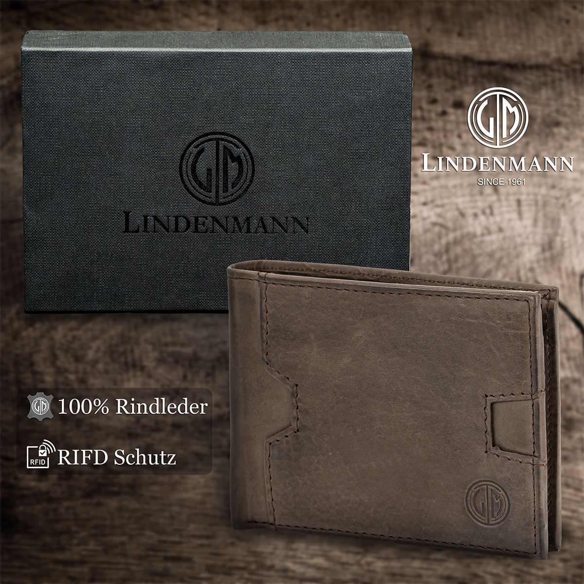 LINDENMANN Herren Leder Portemonnaie braun