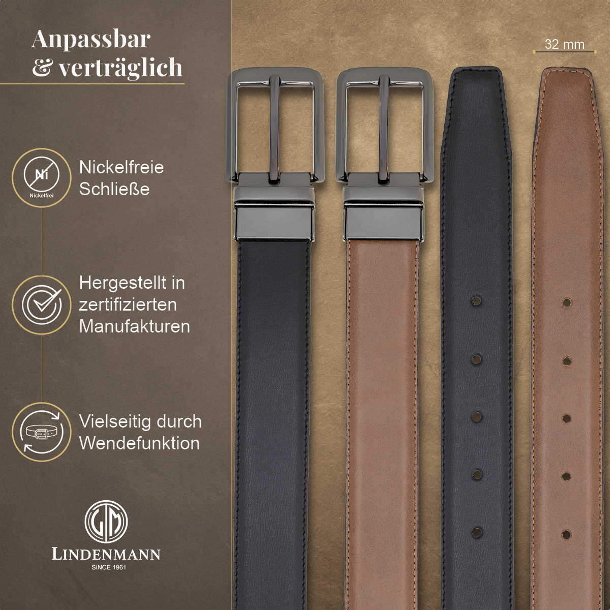 LINDENMANN Herrenwendegürtel aus 100% Vollrindleder schwarz/cognac