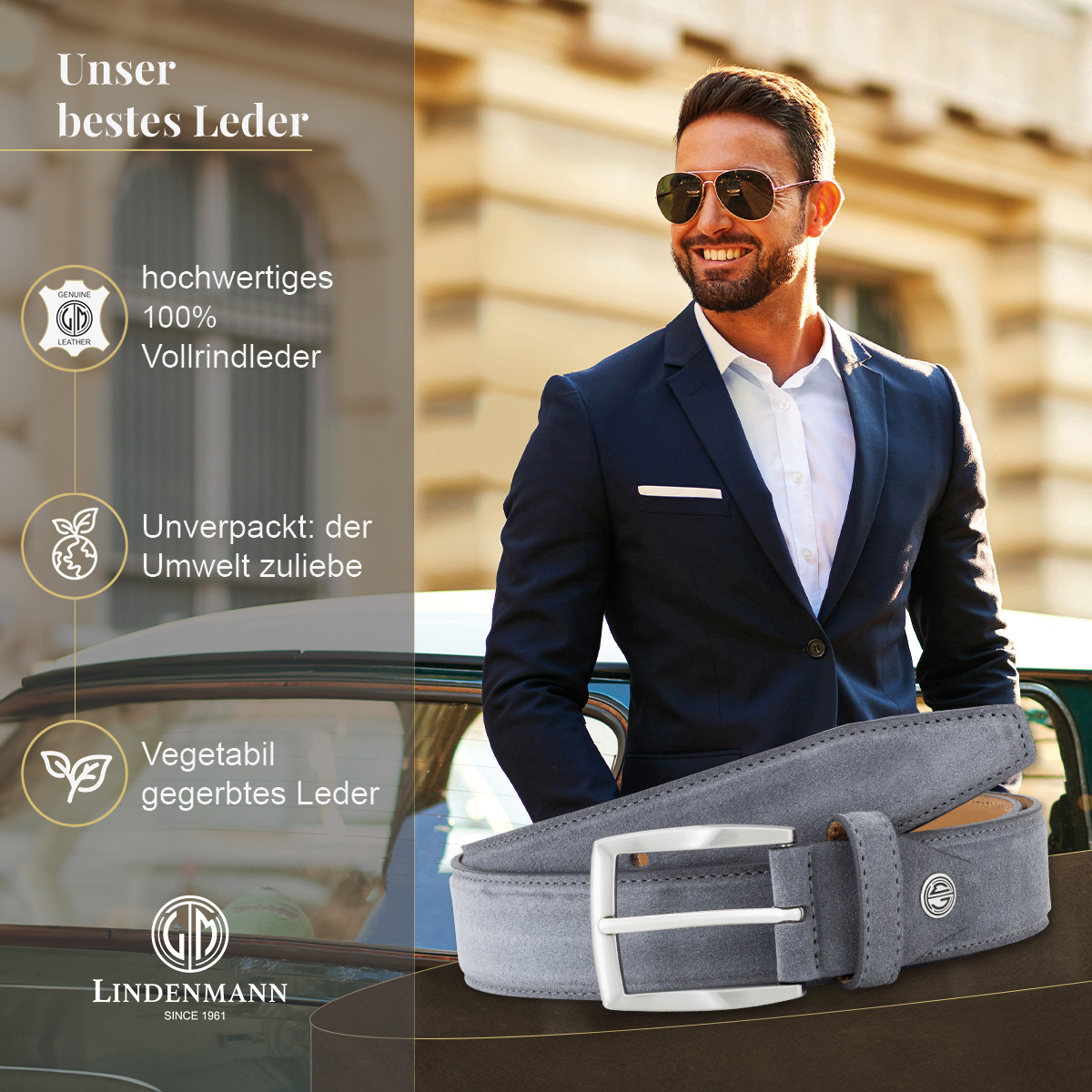 LINDENMANN Herrengürtel aus 100% Velours-Vollrindleder grau