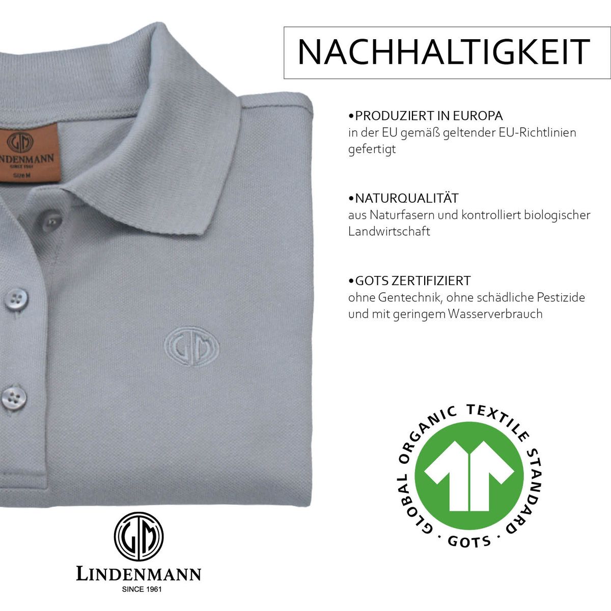 LINDENMANN Poloshirt Damen slim fit kurzarm grau Bio Baumwolle Made in EU