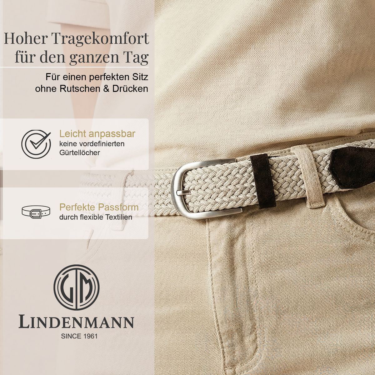 Gürtel, Beige, Hosengürtel, Flexibler Gürtel, Riemen, LINDENMANN Damen Flechtgürtel mit 100% echtem Rindleder an den Enden beige