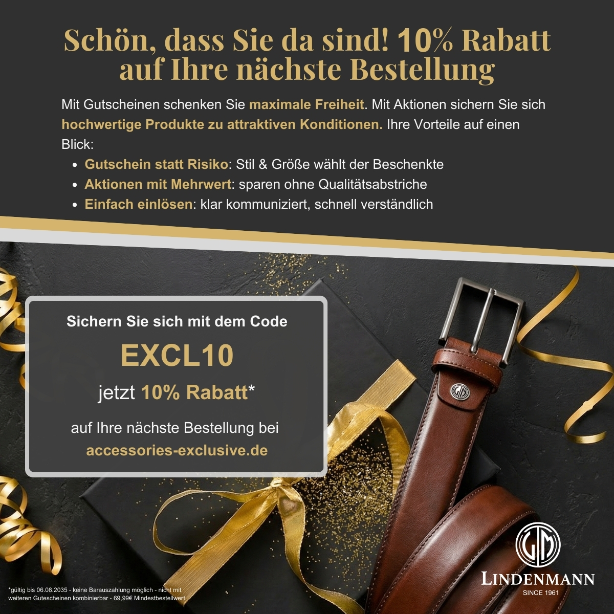 Uhren-Armband, Ledergurt, Gurtband, Braun, Geschenkidee, 10 Prozent Rabatt Gutschein EXCL10 für hochwertige Herrenaccessoires von Lindenmann – eleganter Ledergürtel als Geschenkidee