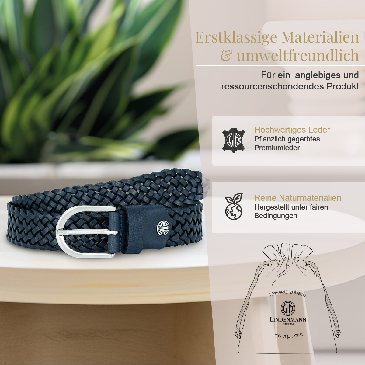 LINDENMANN Vollrindleder Damenlederflechtgürtel Marine