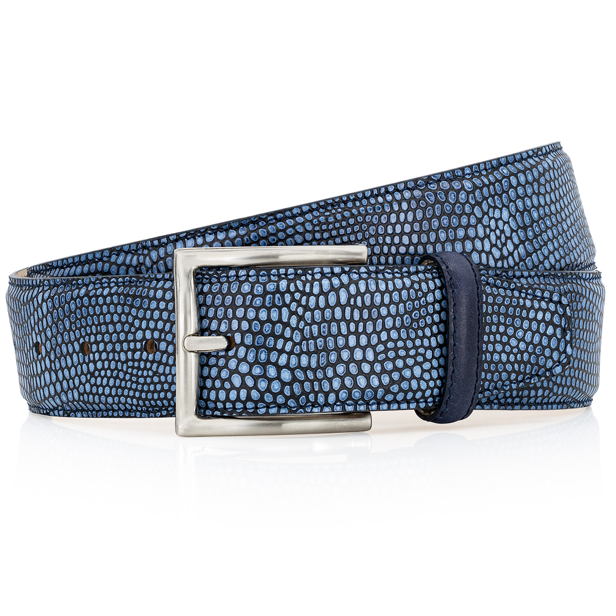 Gürtel, Leder, Druckmuster, Blau, Metall, LINDENMANN Premium Handmade Vollrindledergürtel Herren jeansblau