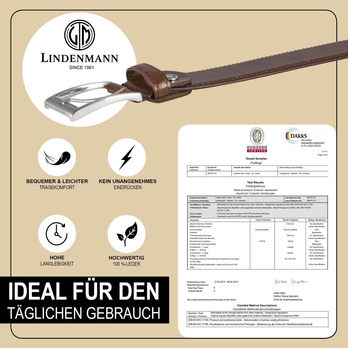 LINDENMANN Anzug-Gürtel Herren 35 mm Rindleder braun